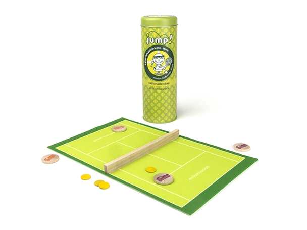 Jump Tennis Spiel, Dose und aufgebautes Spiel