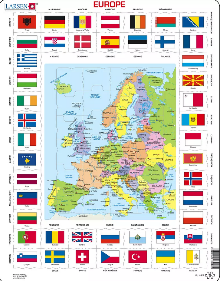 Rahmenpuzzle Europe, Carte avec Drapeax en fraçaise