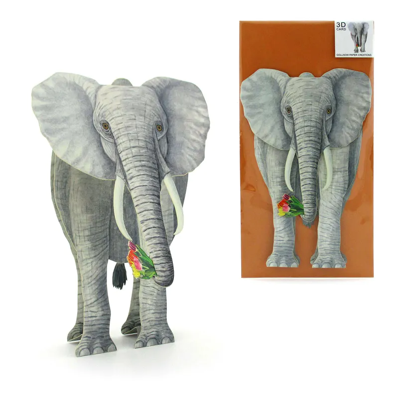 3D-Tierfaltkarte – Elefant mit Blumenstrauss