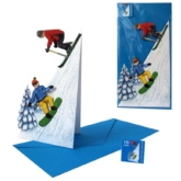 3D Faltkarte Skifahrer und Snowborder aufgestellt und in der Verpackung