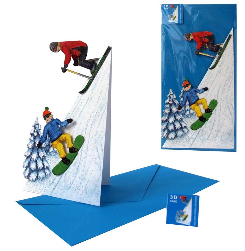 3D Faltkarte Skifahrer und Snowborder aufgestellt und in der Verpackung