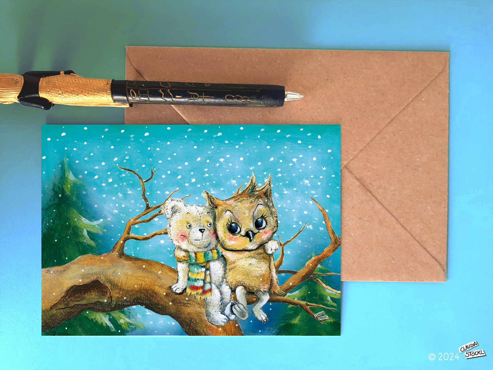 Postkarten – Wintereule und Kuschelbär
