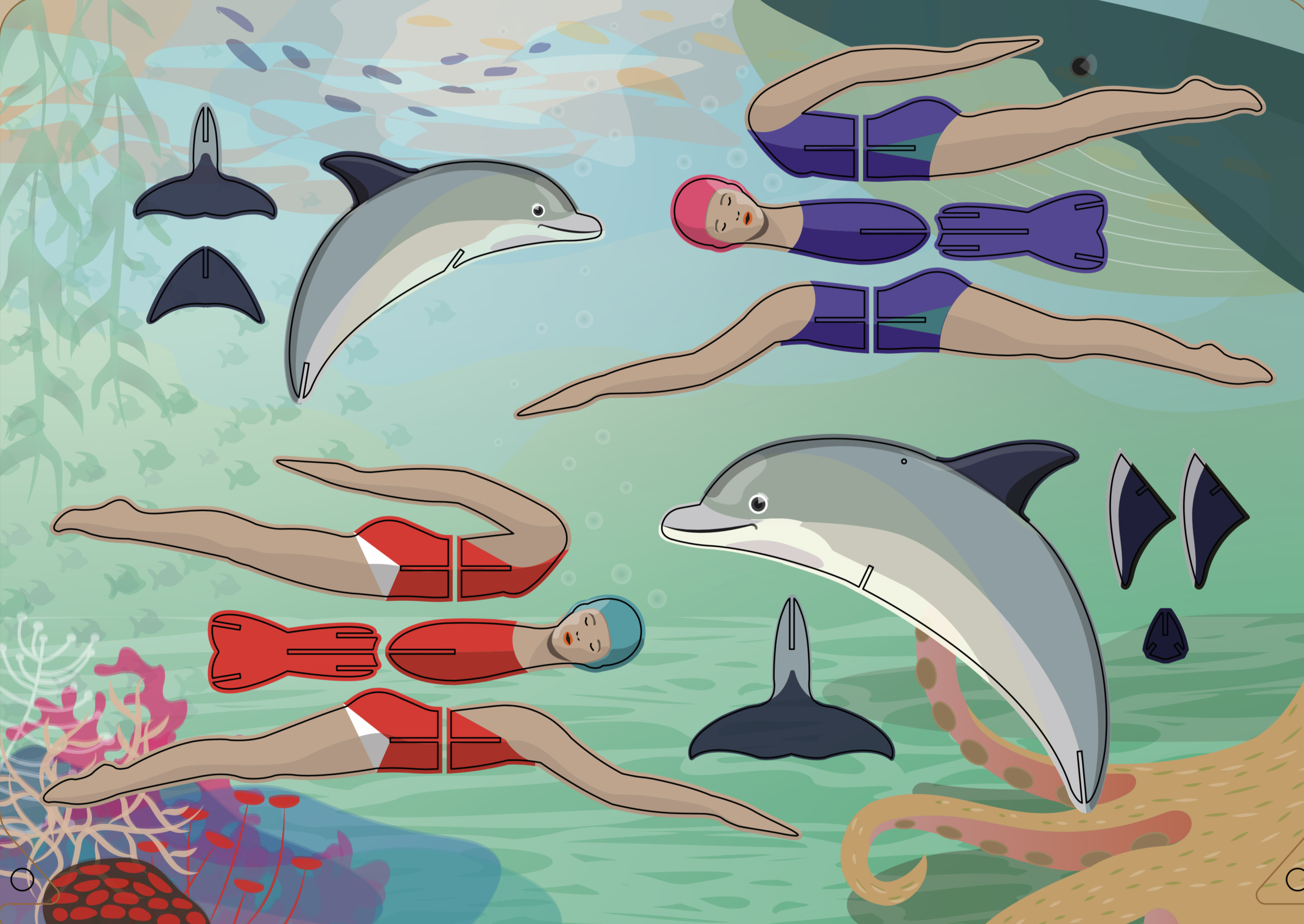 Mobile – Schwimmerin und Delfine